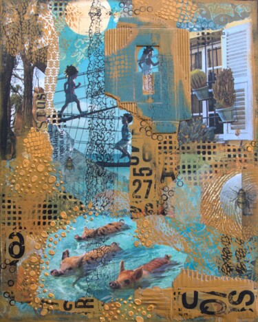 Collagen mit dem Titel "Geluk" von Cora Westerink, Original-Kunstwerk, Collagen Auf Holzplatte montiert