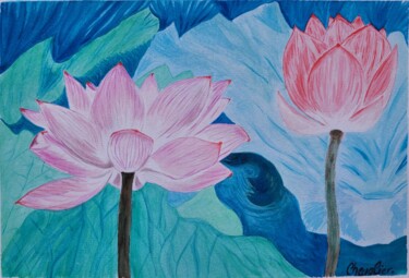 Ζωγραφική με τίτλο "Fleur de Lotus" από Coralie Chevalier, Αυθεντικά έργα τέχνης, Ακουαρέλα