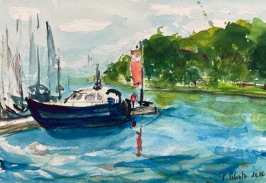 Schilderij getiteld "Boot im Hafen" door Corason, Origineel Kunstwerk, Aquarel