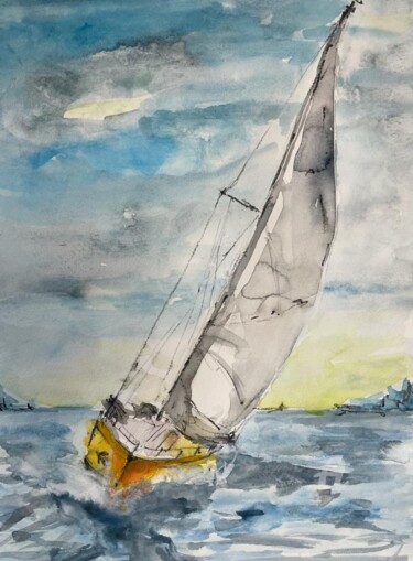 Painting titled "Segelboot im Wind I" by Corason, Original Artwork, Watercolor