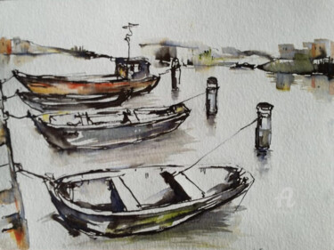 Painting titled "Am Hafen" by Corason, Original Artwork, Watercolor