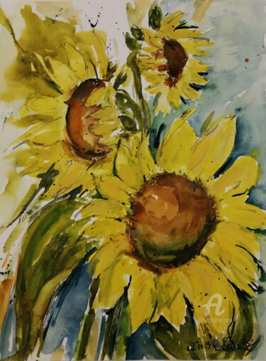 Painting titled "Helianthus - Sonnen…" by Corason, Original Artwork, Watercolor