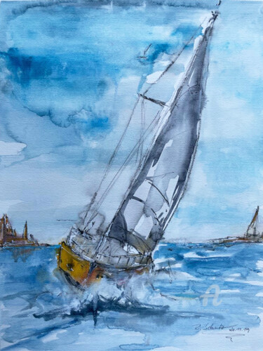 Schilderij getiteld "Segelboot im Wind II" door Corason, Origineel Kunstwerk, Aquarel