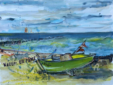 Malarstwo zatytułowany „Fischerboot am Stra…” autorstwa Corason, Oryginalna praca, Akwarela