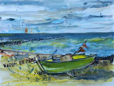 Painting titled "Fischerboot am Stra…" by Corason, Original Artwork, Watercolor