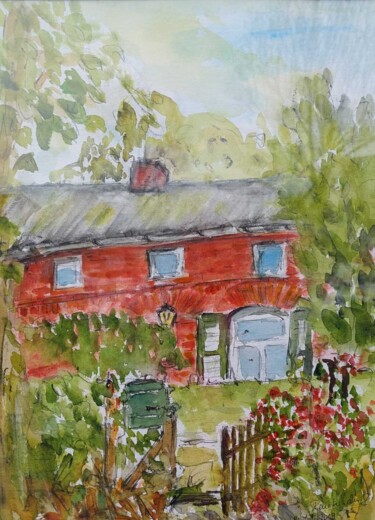 Malerei mit dem Titel "Rotes Haus in Wustr…" von Corason, Original-Kunstwerk, Aquarell