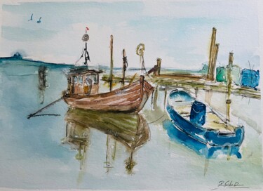 Pintura intitulada "Boote in Boddenland…" por Corason, Obras de arte originais, Aquarela