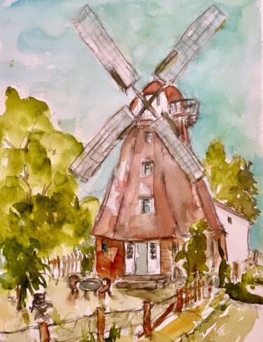 Schilderij getiteld "Windmühle in Ahrens…" door Corason, Origineel Kunstwerk, Aquarel