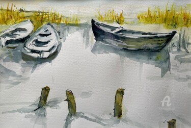 Pintura titulada "Boote im Hafen von…" por Corason, Obra de arte original, Acuarela