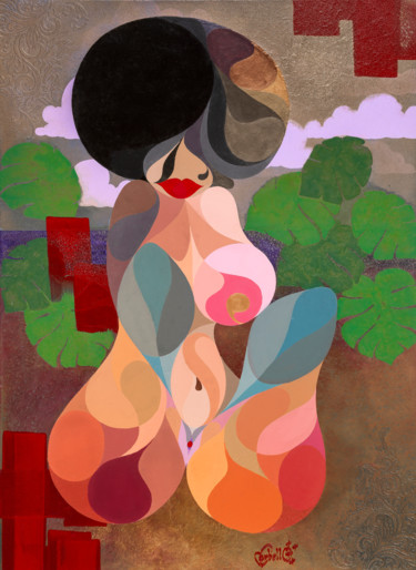 Malerei mit dem Titel "Nue Sur Plage" von Corbello, Original-Kunstwerk, Acryl