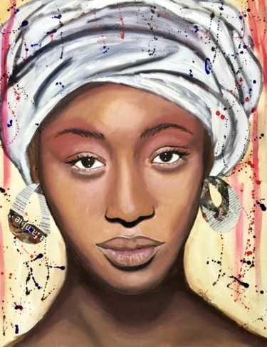 L’africaine aux boucles doreilles Peinture intitulée "L’africaine aux bou…" par Marjorie Corbran, Œuvre d'art originale, Huile