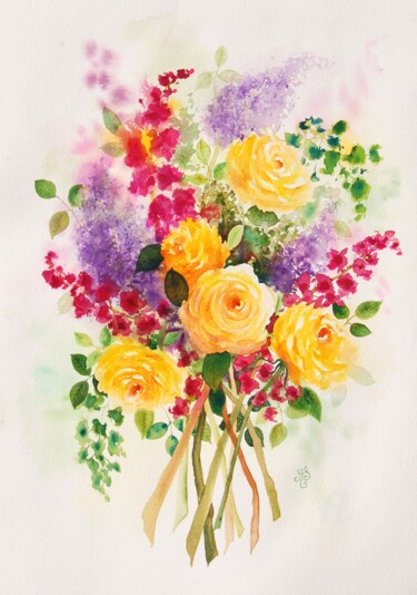 Peinture intitulée "Bouquet d'été aux r…" par Annick Sabatier, Œuvre d'art originale, Aquarelle