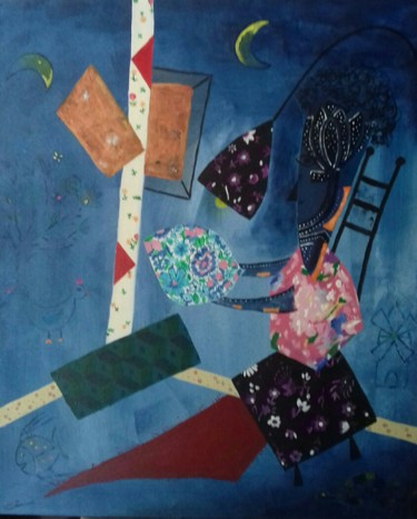 Malerei mit dem Titel "Femme sous la lampe" von Corine Jailin, Original-Kunstwerk, Acryl