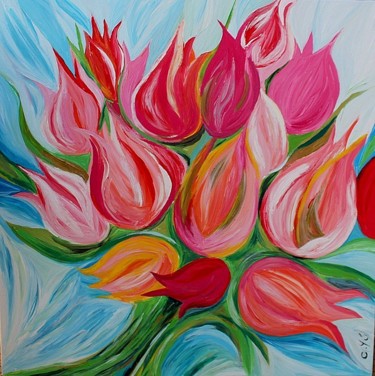 Peinture intitulée "bouquet de tulipes" par C Yù, Œuvre d'art originale