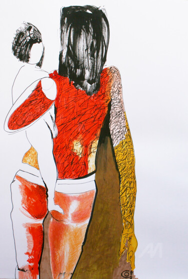 Drawing titled "femme et l'enfant" by Corinne Bandeira De Mello, Original Art, Marker