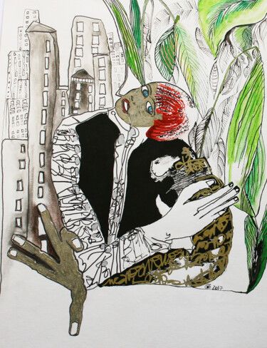 Dessin intitulée "Mère amazonienne" par Corinne Bandeira De Mello, Œuvre d'art originale, Encre