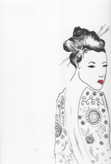 Dessin intitulée "Femme Yakuza" par Corinne Bandeira De Mello, Œuvre d'art originale, Encre