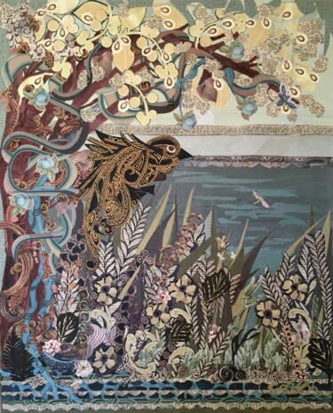 Collages getiteld "Eden - L'oiseau" door Corinne Barnett, Origineel Kunstwerk, Collages Gemonteerd op Frame voor houten bran…