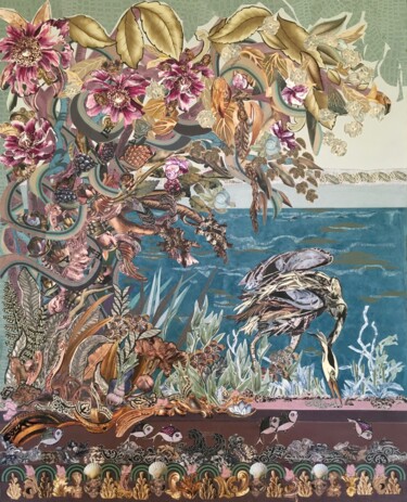 Collages intitulée "Eden-Le héron." par Corinne Barnett, Œuvre d'art originale, Collages
