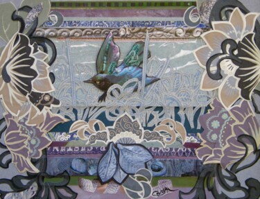 Collagen mit dem Titel "Vol fleuri" von Corinne Barnett, Original-Kunstwerk, Collagen Auf Karton montiert