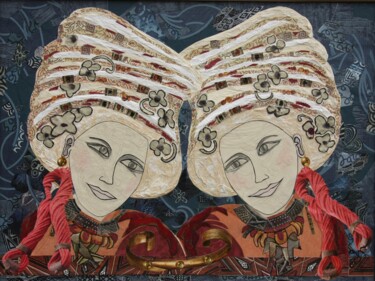 Collages titled "Les Âmes-Soeurs" by Corinne Barnett, Original Artwork, Collages Mounted on Wood Stretcher frame