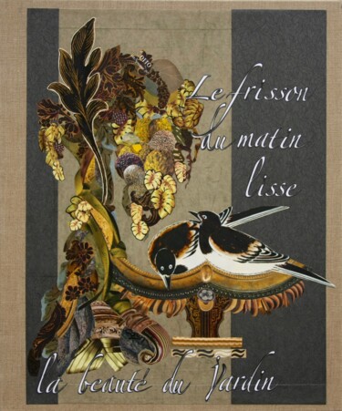 Collages getiteld "Frisson du jardin" door Corinne Barnett, Origineel Kunstwerk, Papier Gemonteerd op Frame voor houten bran…
