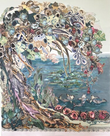 Collages titled "Éden - Les poissons" by Corinne Barnett, Original Artwork, Collages Mounted on Wood Stretcher frame