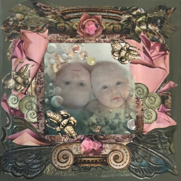 Κολάζ με τίτλο "Babies" από Corinne Barnett, Αυθεντικά έργα τέχνης, Κολάζ Τοποθετήθηκε στο Ξύλινο φορείο σκελετό