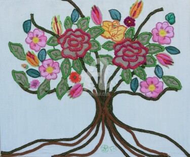 Textile Art titled "Arbre fleurs" by Corinne Bertheas, Original Artwork, Fabric Mounted on Wood Stretcher frame