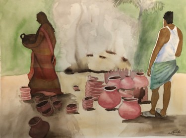 Pintura intitulada "potiers en Inde" por Corinne Cauquil, Obras de arte originais, Aquarela