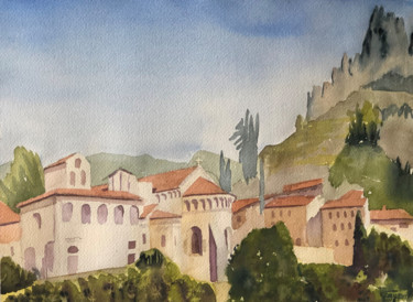 Painting titled "abbaye de St Guilhe…" by Corinne Cauquil, Original Artwork, Watercolor