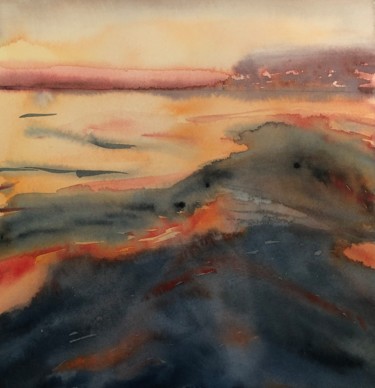 Painting titled "mer en feu" by Corinne Cauquil, Original Artwork, Watercolor