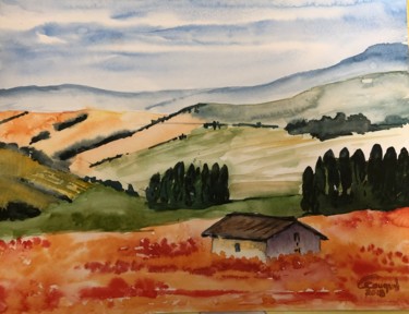 Painting titled "paysage de Toscane" by Corinne Cauquil, Original Artwork, Watercolor