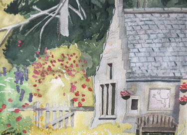 Peinture intitulée "maison, jardin en E…" par Corinne Cauquil, Œuvre d'art originale, Aquarelle