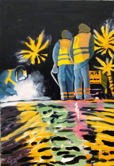 Картина под названием "en chantier" - Corinne Cauquil, Подлинное произведение искусства, Акрил Установлен на Деревянная рама…