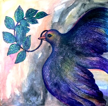 Drawing titled "Oiseau et laurier s…" by Corinne Courlet (Artcolorsimages), Original Artwork, Ink