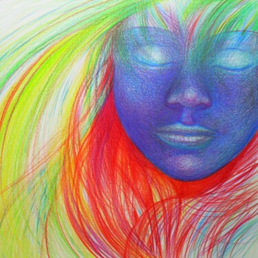 Dessin intitulée "Visage bleu" par Corinne Courlet, Œuvre d'art originale, Crayon