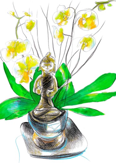 Zeichnungen mit dem Titel "Buddha à Eyguilles" von Corinne Courlet, Original-Kunstwerk, Tinte