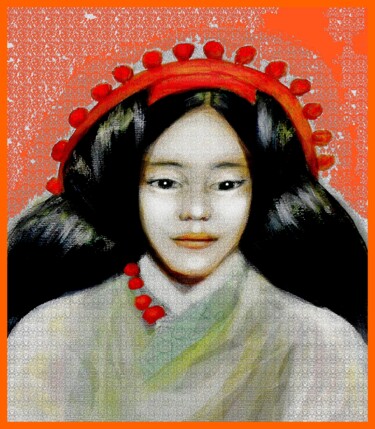 Arts numériques intitulée "Young Tibetan girl…" par Corinne Courlet, Œuvre d'art originale, Peinture numérique