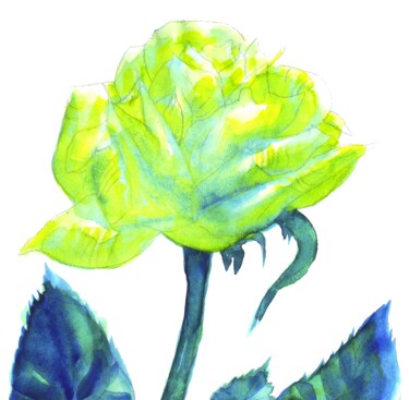 Drawing titled "Green and blue rose…" by Corinne Courlet, Original Artwork, Ink