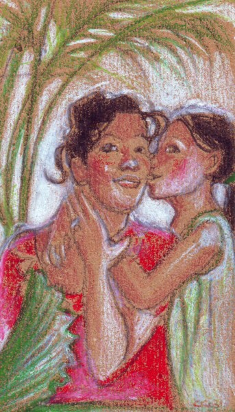 Zeichnungen mit dem Titel "On s'embrasse" von Corinne Courlet, Original-Kunstwerk, Pastell
