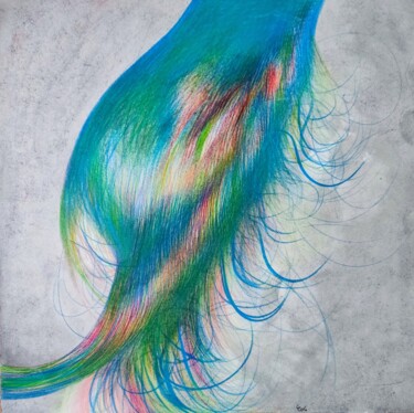 Dessin intitulée "La plume verte" par Corinne Courlet, Œuvre d'art originale, Crayon