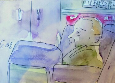 Drawing titled "On the train / Im Z…" by Corinne Courlet, Original Artwork, Watercolor