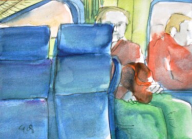 「On train to airport…」というタイトルの絵画 Corinne Courletによって, オリジナルのアートワーク, インク