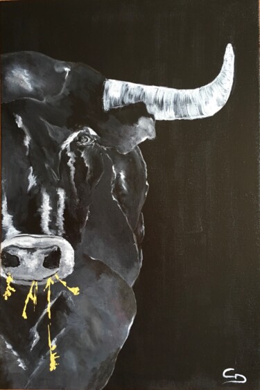 Картина под названием "Taureau en noir et…" - Corinne Delorme (Lagrandeco), Подлинное произведение искусства, Акрил