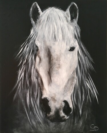 Painting titled "Alaska, cheval blan…" by Corinne Delorme (Lagrandeco), Original Artwork, Acrylic