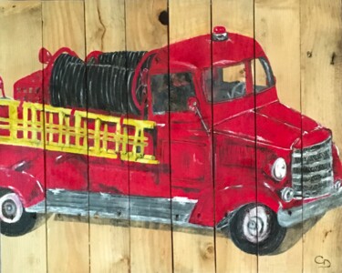 Painting titled "Camion de pompier" by Corinne Delorme (Lagrandeco), Original Artwork, Acrylic