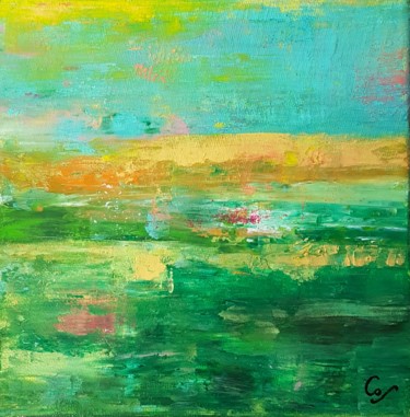 Painting titled "Horizon 20-20 L'isl…" by Corinne Foucouin, Original Artwork, Oil Mounted on Wood Stretcher frame