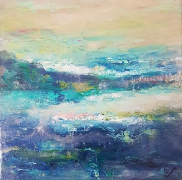 Painting titled "HORIZON N°58 L'ISLE…" by Corinne Foucouin, Original Artwork, Oil Mounted on Wood Stretcher frame