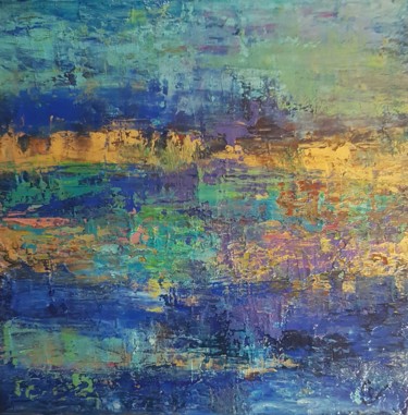 Painting titled "HORIZON N°59 L'ISLE…" by Corinne Foucouin, Original Artwork, Oil Mounted on Wood Stretcher frame